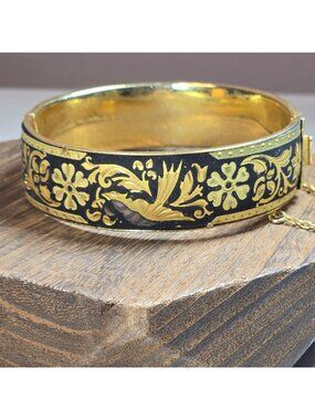 Vintage Spanish Damascene Hinged Bangle Bracelet Safety Chain Black Enamel Birds